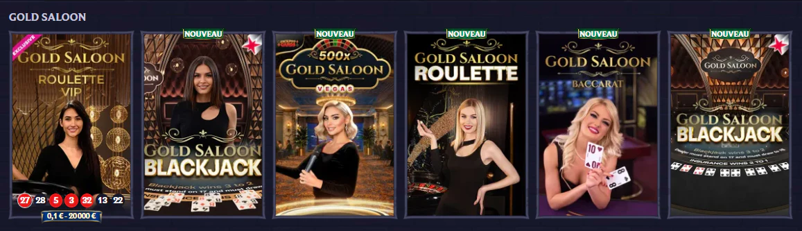 Section Gold Saloon de LolaJack avec roulette, blackjack et baccarat en direct