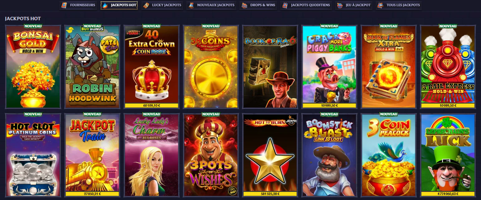 Section Jackpots Hot du casino LolaJack avec plusieurs machines à sous